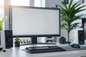 Computer Mockup on a White Desk with Gaming Peripherals for an Optimal Gaming Environment photo