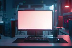 Computer Mockup on a White Desk with Gaming Peripherals for a Comprehensive Gaming Setup photo