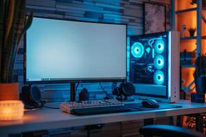 Computer Mockup on a White Desk with Gaming Peripherals for a High End Gaming Setup photo