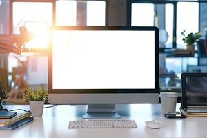 Computer Mockup on a White Desk with Marketing Materials for an Engaging Office Setup photo