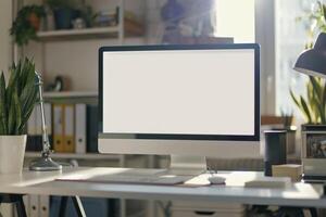 Computer Mockup on a White Desk with Marketing Materials for an Efficient Workspace photo