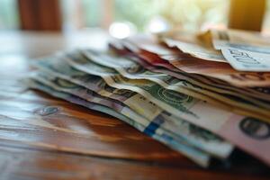 Various International Banknotes Displayed on a Wooden Table for Wealth Representation photo