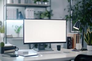 Computer Mockup on a White Desk with Marketing Materials for a High Tech Workspace photo