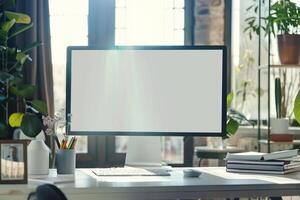 Dynamic Computer Mockup with White Desk and Scattered Brochures photo