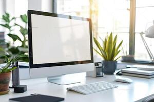 Computer Mockup on White Desk with Various Marketing Materials photo