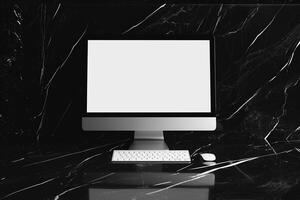 Computer Monitor Mockup with White Screen on Glossy Marble Background photo