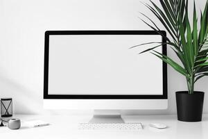 Stylish Computer Monitor Mockup with White Screen on Glossy Background photo