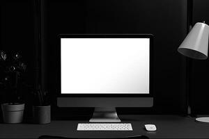 Computer Monitor Mockup with White Screen on   Surface photo