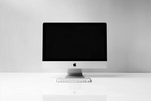 Computer Monitor Mockup with High Resolution Screen on Glossy White Background photo