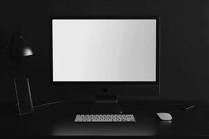 Computer Monitor Mockup with High Resolution Screen on Glossy Surface Background photo