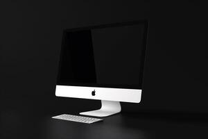 High Resolution Computer Monitor Mockup on Glossy White Surface Background photo