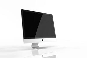 Computer Monitor Mockup on Contemporary Desk with Tech Accessories and Professional Background photo
