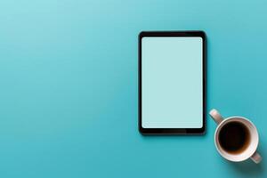 Tablet Screen Mockup on a Sky Blue Background for High Resolution App Display and Interface Design photo