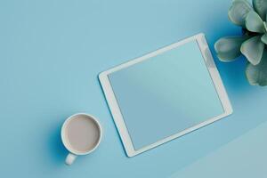 Tablet Screen Mockup on Sky Blue Background for High Tech Digital Display and Design photo