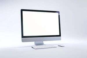 Computer Mockup Background Featuring Wireless Keyboard and White Desk photo