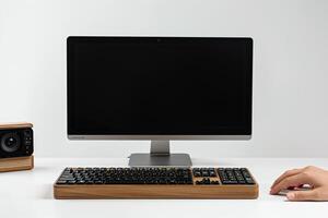 Computer Mockup Background Featuring Wireless Keyboard and   Desk photo