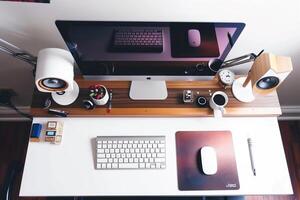 Overhead   of a Computer Mockup on a Desk with   Setup photo