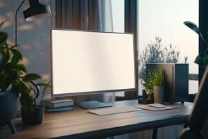 Computer Mockup Background with Wireless Keyboard and Updated Desk Layout photo