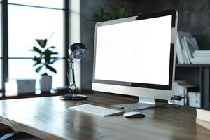 Computer Mockup Background with   Desk and Innovative Design photo
