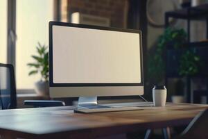 Computer Mockup Background Featuring   Desk and   Design photo