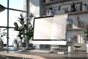 Computer Mockup Background Featuring   Desk and Updated Design photo