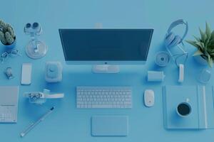 Overhead   of a Computer Mockup on a Desk with   and   Layout photo