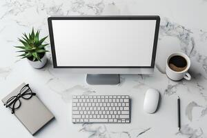 Overhead of Computer Mockup on Desk with Innovative Layout and Design photo