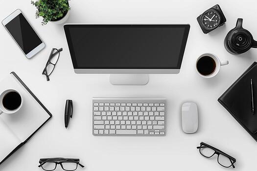 Overhead   of Computer Mockup on Desk with Updated Design and Layout photo