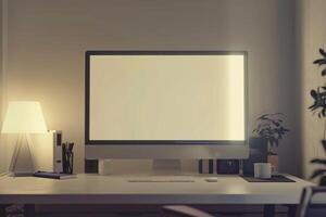 Computer Mockup Background Featuring Innovative Desk Layout and   Design photo