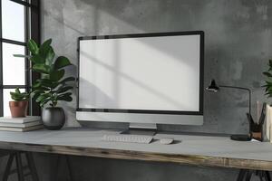 Computer Mockup Background with Innovative Desk Setup and   Design photo