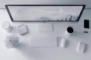 Overhead   of Computer Mockup on Desk with Advanced Setup and   Design photo
