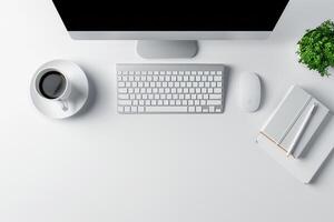 Overhead of Computer Mockup on Desk with Updated Advanced Layout and Design photo