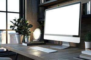 Innovative Computer Mockup on Desk with   Design and Efficient Layout for Tech Users photo