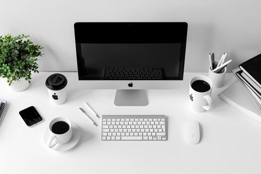 Overhead   of Computer Mockup on Desk with     Design and Efficient Layout photo