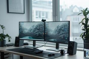 Dual Monitor Desktop Computer Mockup in a Stylish Office Setup for Enhanced Productivity photo
