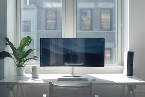 Professional Desktop Computer Mockup with Dual Monitors in a   Office Environment photo
