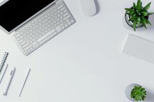 Overhead   of Computer Mockup on Desk with Innovative Design and Functional Features photo