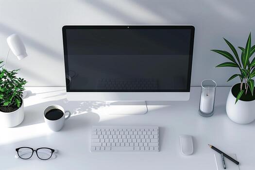 Overhead   of Computer Mockup on Desk with Efficient and   Design Layout photo