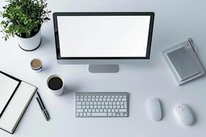Overhead   of Computer Mockup on Desk with Updated Design and Efficient   Layout photo