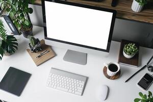 Overhead   of Computer Mockup on Desk with Sleek   Setup and Updated Design photo