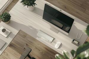 Overhead   of Computer Mockup on Desk with Updated   Design and Functional Layout photo