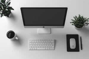 Overhead   of Computer Mockup on Desk with Updated Design and   Efficient Features photo