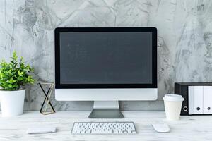 Overhead   of Computer Mockup on Desk with   and   Design for Professional Use photo