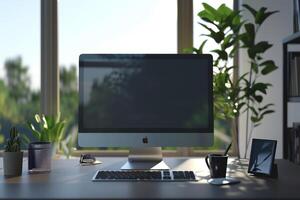 Overhead   of a Computer Mockup on a Desk with Tech Gadgets Background photo