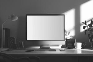 Overhead   of a Computer Mockup on a Desk with Office Supplies Background photo