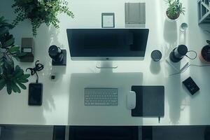 Overhead   of Computer Mockup on Desk with   Efficient Layout and Professional Aesthetic photo