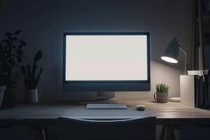 Overhead   of a Computer Mockup on a Desk with Office Equipment Background photo