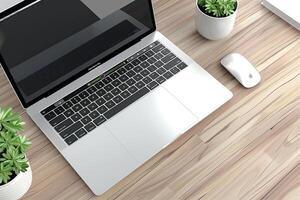 Overhead   of a Computer Mockup on a Professional Desk Background photo
