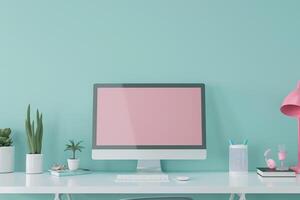 Overhead   of a Computer Mockup on a Desk Setup Background photo