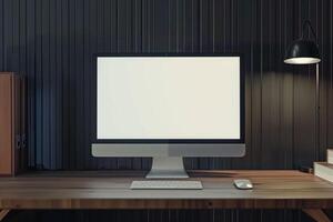 Overhead   of a Computer Mockup on a Desk with Device Setup Background photo